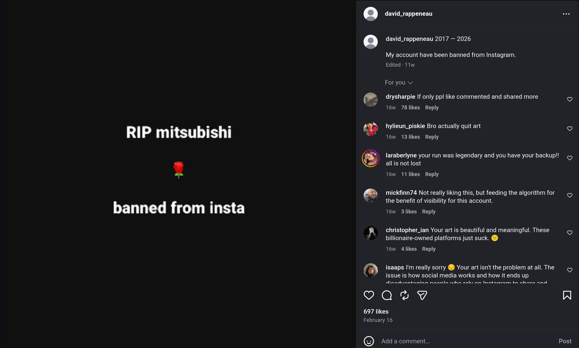 A screenshot of an Instagram post that says 'RIP Mitsubishi, banned from insta'